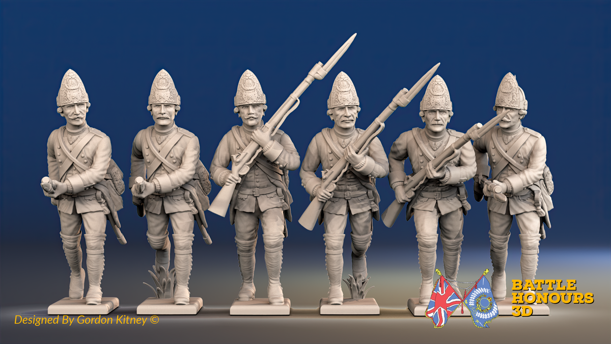 Seven Years’ War Prussian Fusiliers - Charging - Set 1, front view. Supplied unpainted.