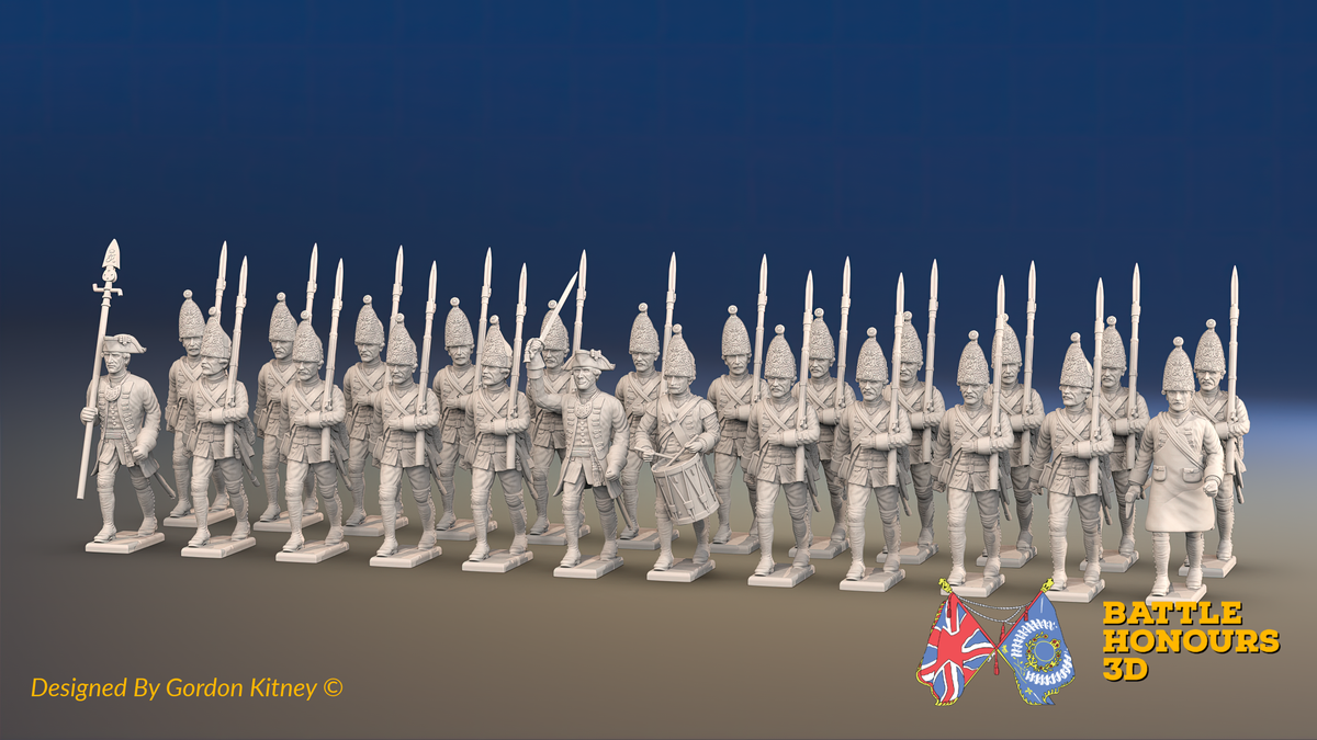 Seven Years’ War Prussian Grenadier Battalion - March Attack - Straight Lapel Lace - 30 Figures, front view. Supplied unpainted.