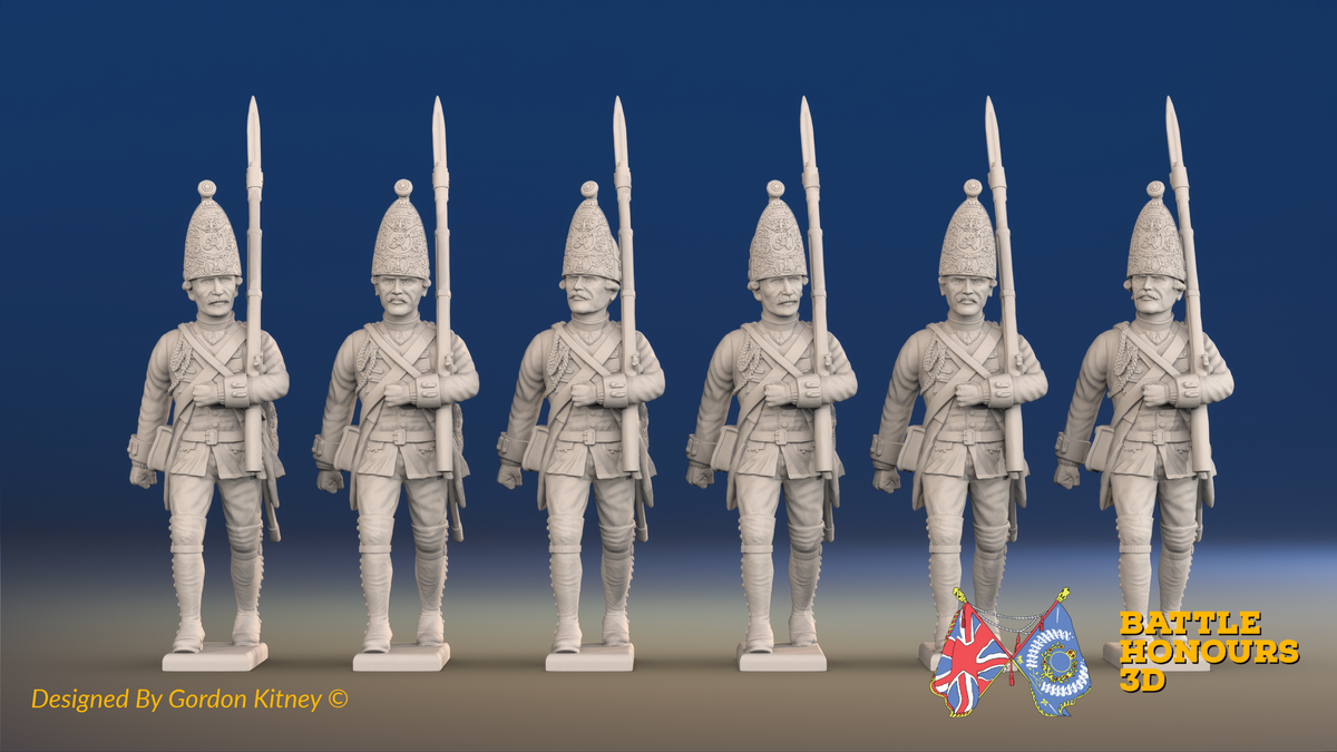 Seven Years’ War Prussian Grenadiers - March Attack, front view. Supplied unpainted.