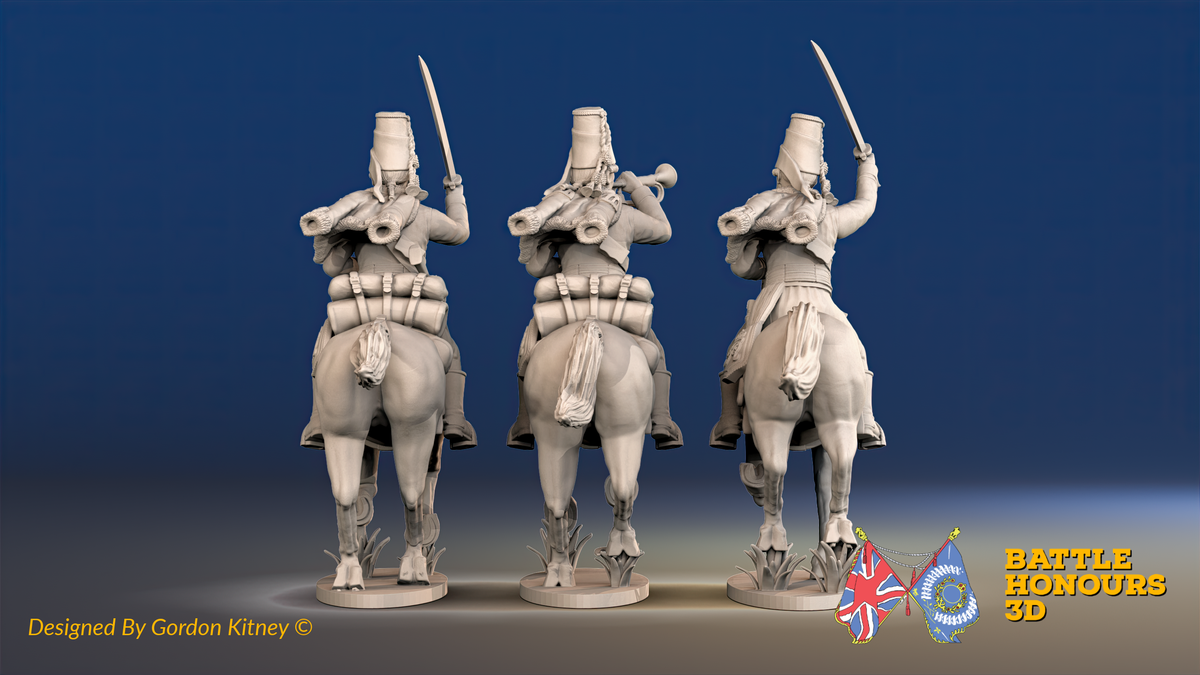 Seven Years’ War Prussian Hussars Command - Galloping - Mirlitons, Set 1, rear view. Supplied unpainted.
