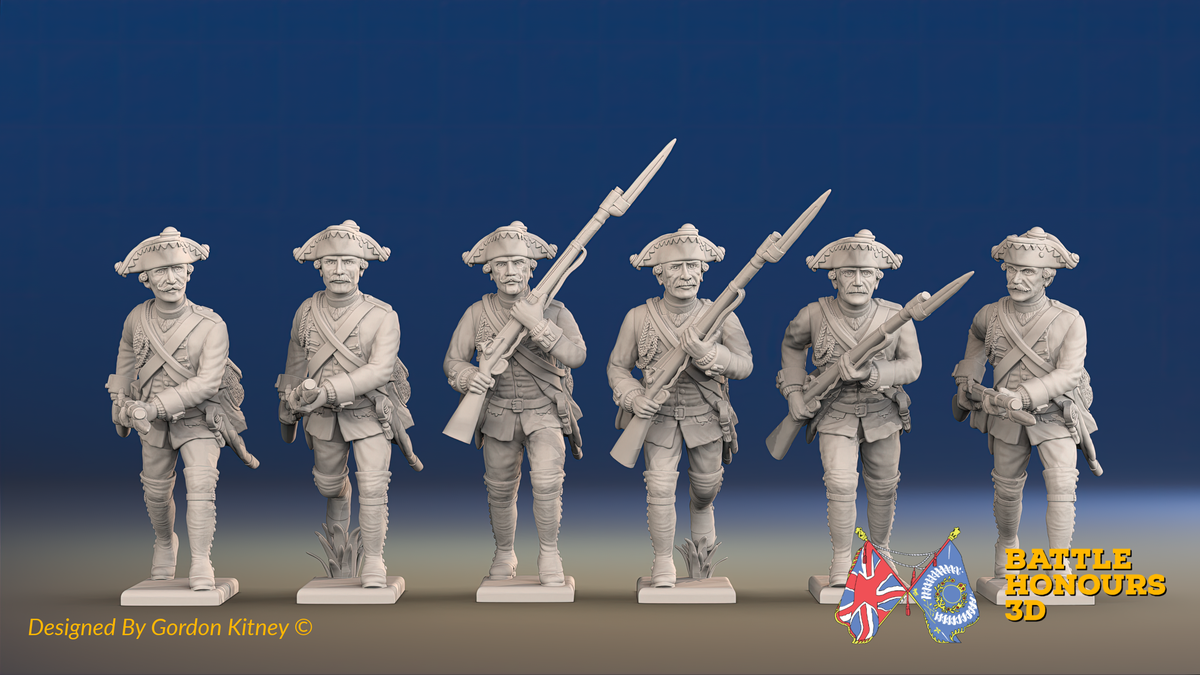 Seven Years’ War Prussian Musketeers - Charging - Set 15, front view. Supplied unpainted.
