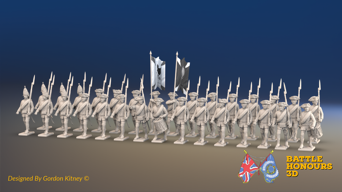 Seven Years’ War Russian Musketeer Battalion - March Attack - Summer Uniform - Rolled Coats - 30 Figures, front view. Supplied unpainted.