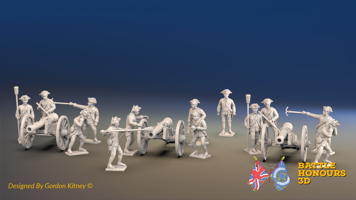 Seven Years’ War Prussian Foot Artillery Battery - 12-Pounders - 3 Guns and 13 Figures, front view. Supplied unpainted.