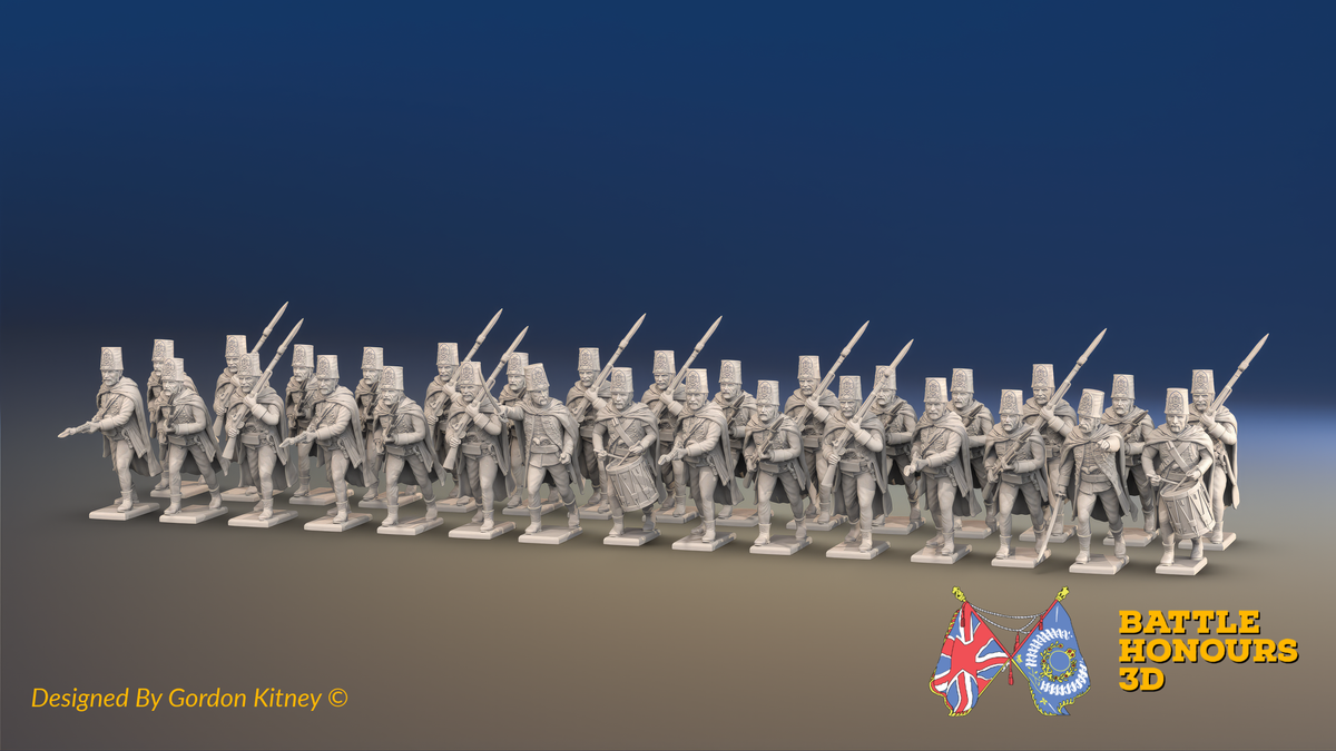 Seven Years’ War Russian Pandur Grenadier Battalion - Charging - Winter Uniform - 30 Figures, front view. Supplied unpainted.