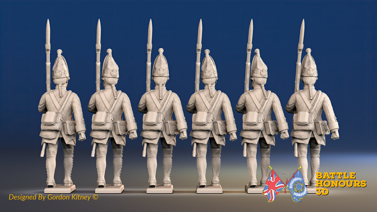 Seven Years’ War Prussian Grenadiers - March Attack - Set 3, rear view. Supplied unpainted.