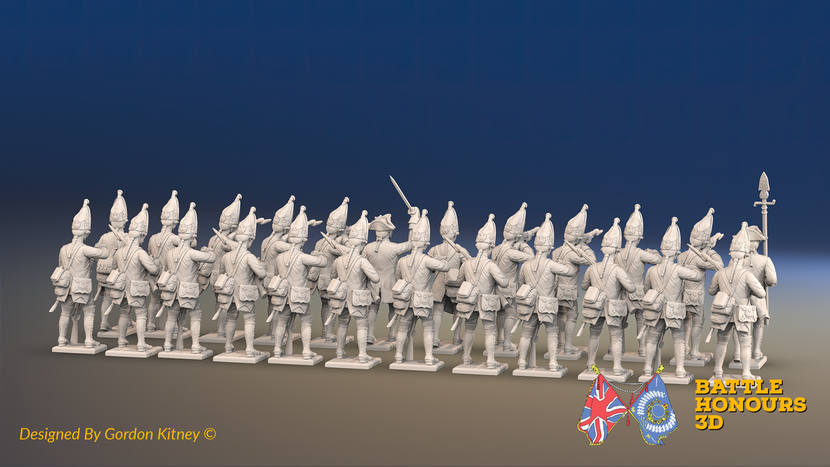 Seven Years’ War Prussian Grenadier Battalion - Firing Line - Straight Lapel Lace and Pointed Lapel Lace - 30 Figures, rear view. Supplied unpainted.
