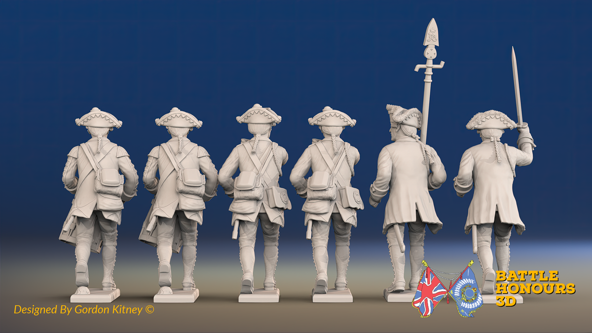 Seven Years’ War Prussian Musketeers Command - Charging - Set 15, rear view. Supplied unpainted.
