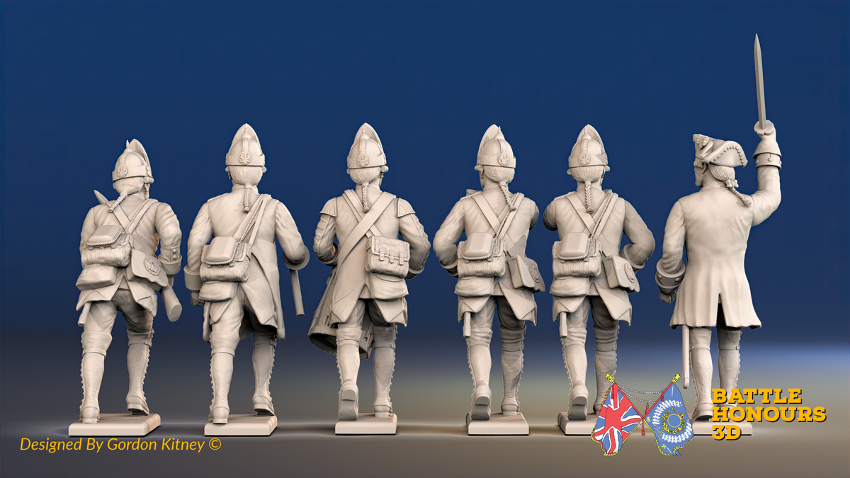 Seven Years’ War Prussian Fusiliers Command - Charging - Set 1, rear view. Supplied unpainted.