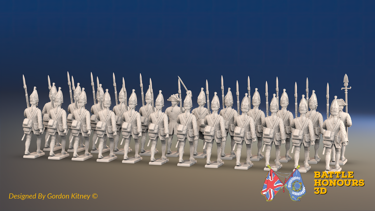 Seven Years’ War Prussian Grenadier Battalion - March Attack - Straight Lapel Lace and Pointed Lapel Lace - 24 Figures, rear view. Supplied unpainted.