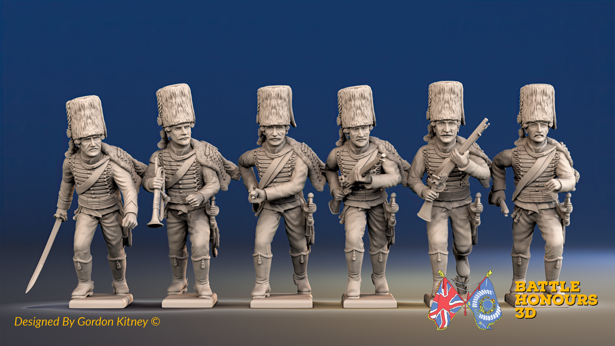Seven Years’ War Prussian Dismounted Hussars - Charging - Fur Caps, front view. Supplied unpainted.