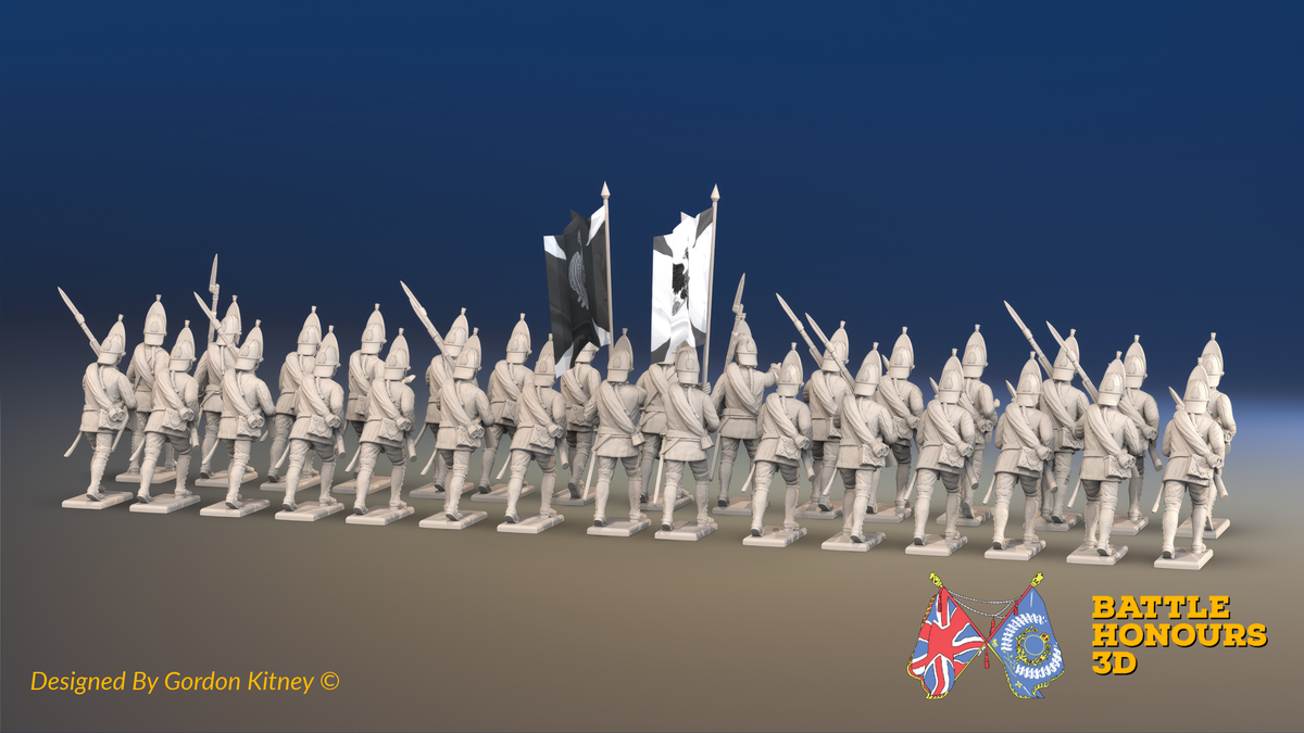 Seven Years’ War Russian Grenadier Battalion - Advancing - Summer Uniform - Rolled Cloaks - 30 Figures, rear view. Supplied unpainted.