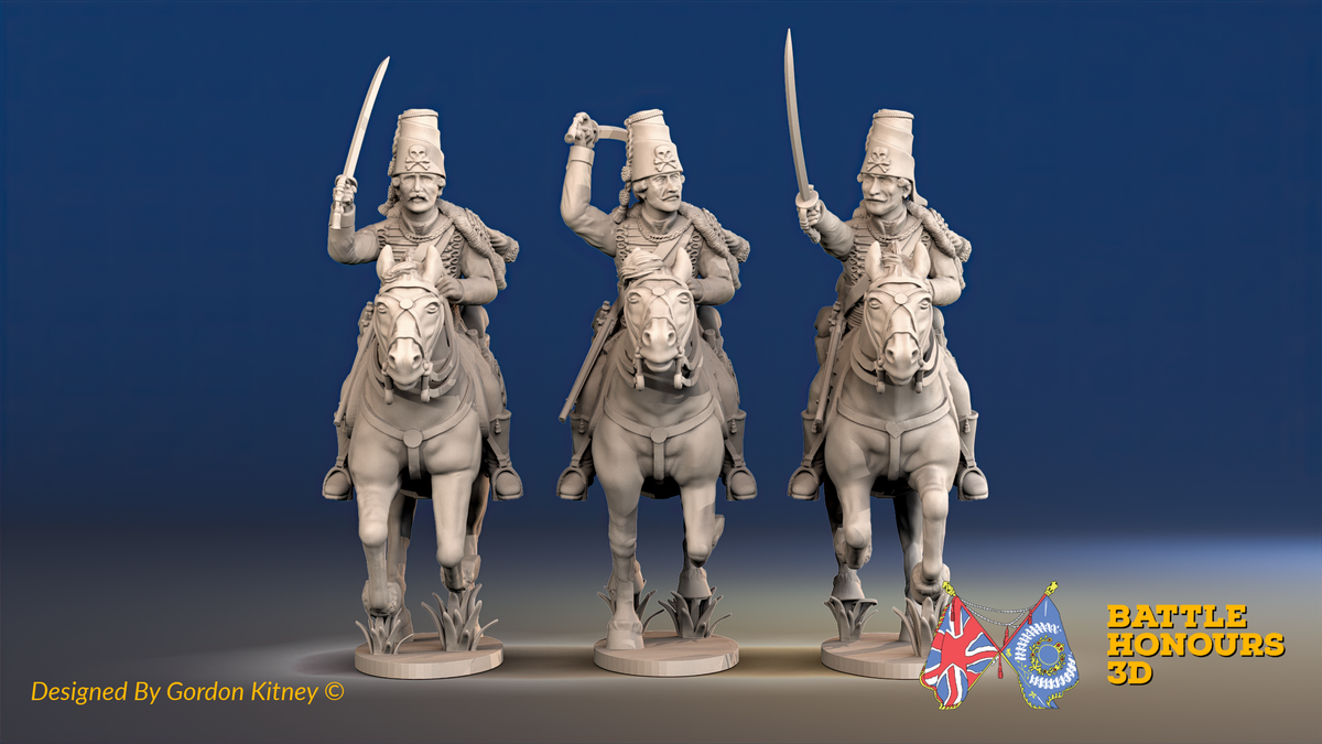 Seven Years’ War Prussian Hussars - Galloping - Mirlitons with Skull Badges, front view. Supplied unpainted.