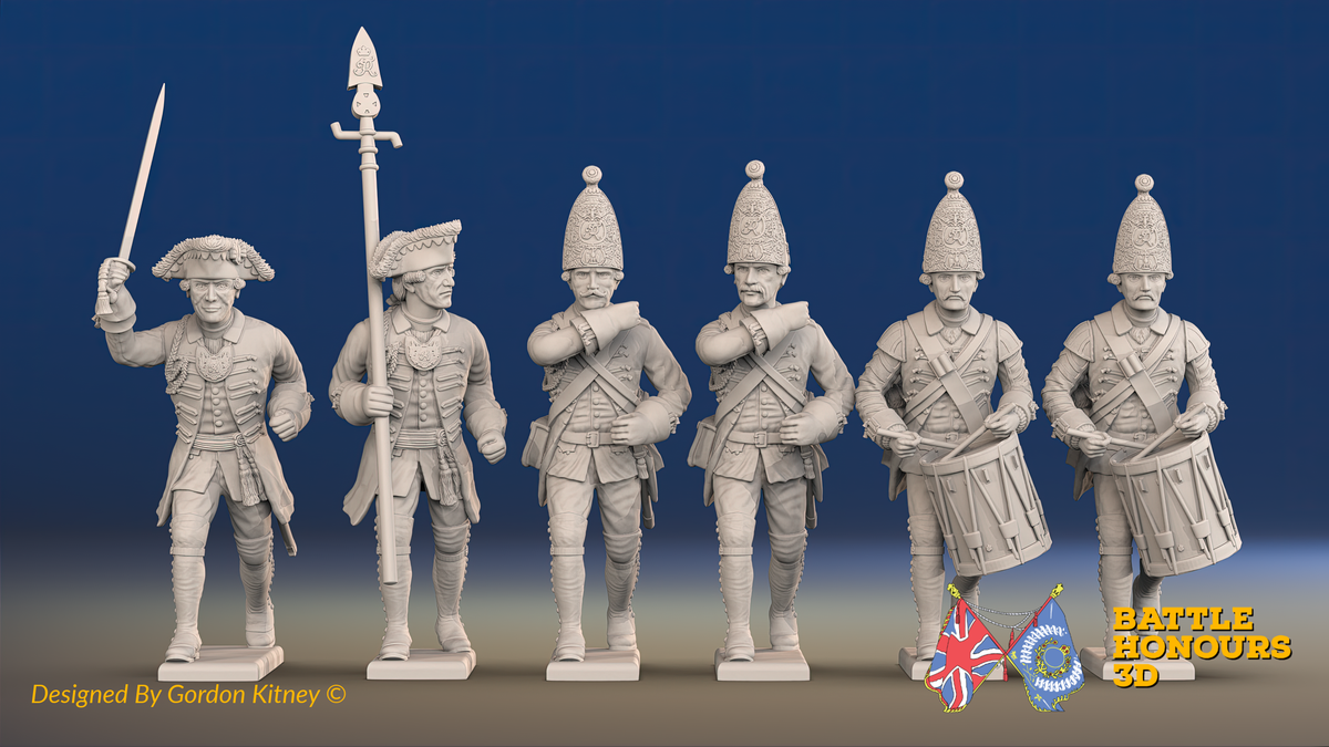 Seven Years’ War Prussian Grenadiers Command - Charging - Set 15, front view. Supplied unpainted.