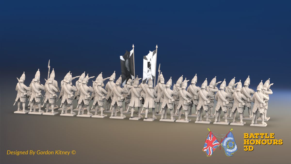 Seven Years’ War Russian Grenadier Battalion - Firing - Winter Uniform - Rolled Cloaks - 30 Figures, rear view. Supplied unpainted.
