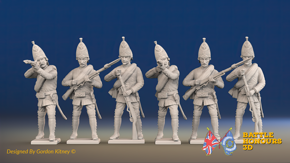 Seven Years’ War Russian Grenadiers - Firing - Summer Uniform - Rolled Coats, front view. Supplied unpainted.