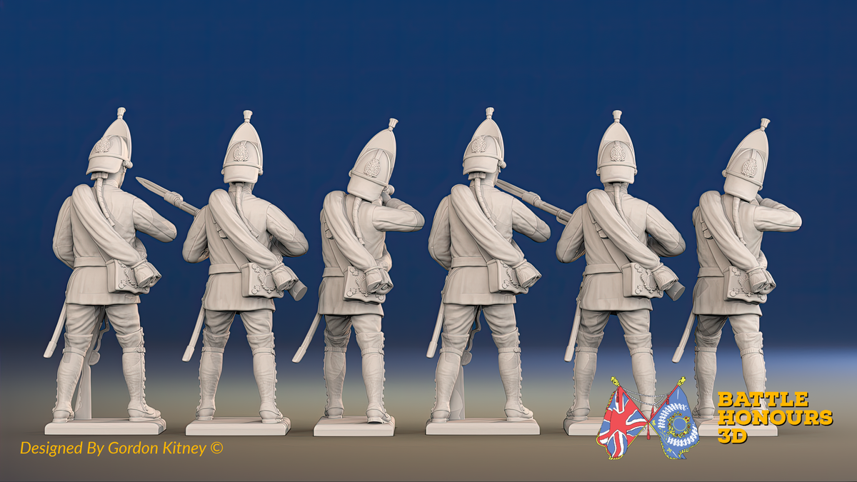 Seven Years’ War Russian Grenadiers - Firing - Summer Uniform - Rolled Coats, rear view. Supplied unpainted.