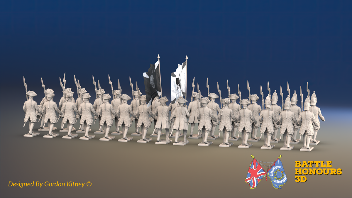 Seven Years’ War Russian Musketeer Battalion - March Attack - Winter Uniform - Observation Corps - 30 Figures, rear view. Supplied unpainted.