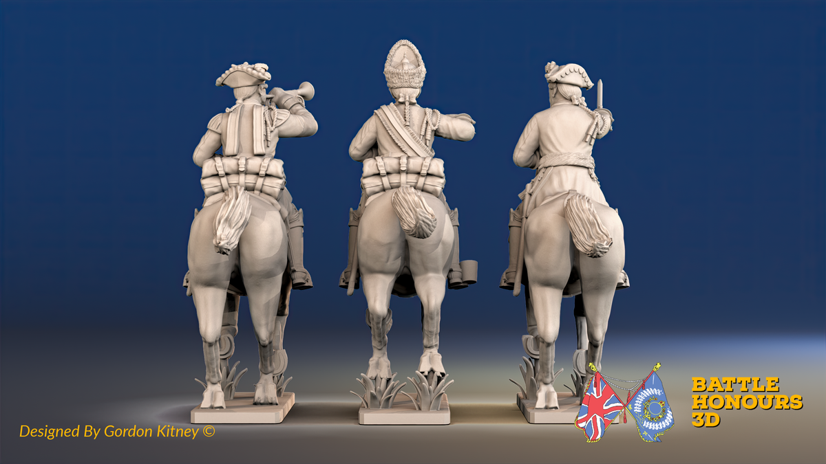 Seven Years’ War Prussian Dragoons Command - Galloping - Set 2 - Command 2, rear view. Supplied unpainted.