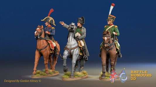 Colourised render of Napoleon and two mounted generals from Battle Honours 3D
