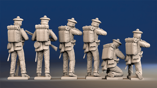 Napoleonic British 60th Rifles loading and firing in forage caps rear view
