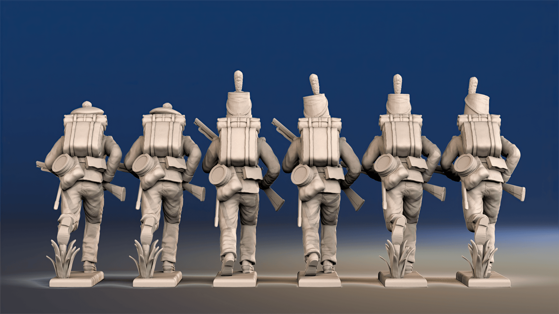 Napoleonic British 95th Rifles advancing mixed riflemen rear view