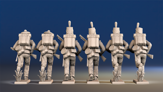 Napoleonic British 95th Rifles advancing mixed riflemen rear view