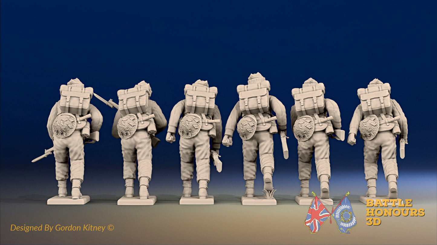 WW2 British Commandos in cap comforters advancing, rear view