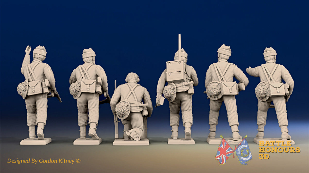 WW2 British Commando command figures in cap comforters, rear view