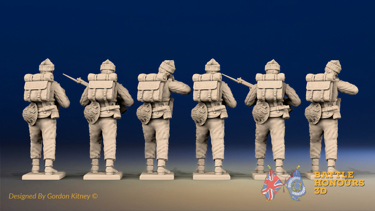 WW2 British Commandos in cap comforters standing firing, rear view