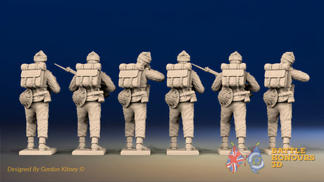 WW2 British Commandos in cap comforters standing firing, rear view