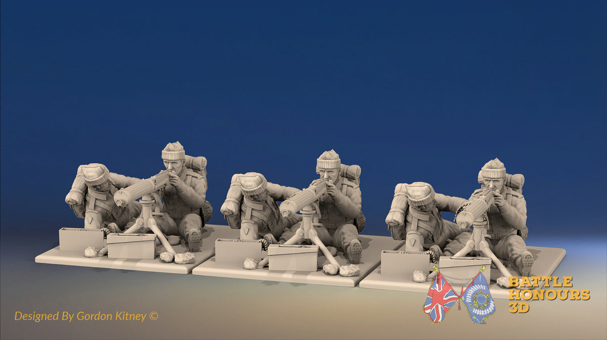 WW2 British Commando Vickers machine gun teams in cap comforters, front view