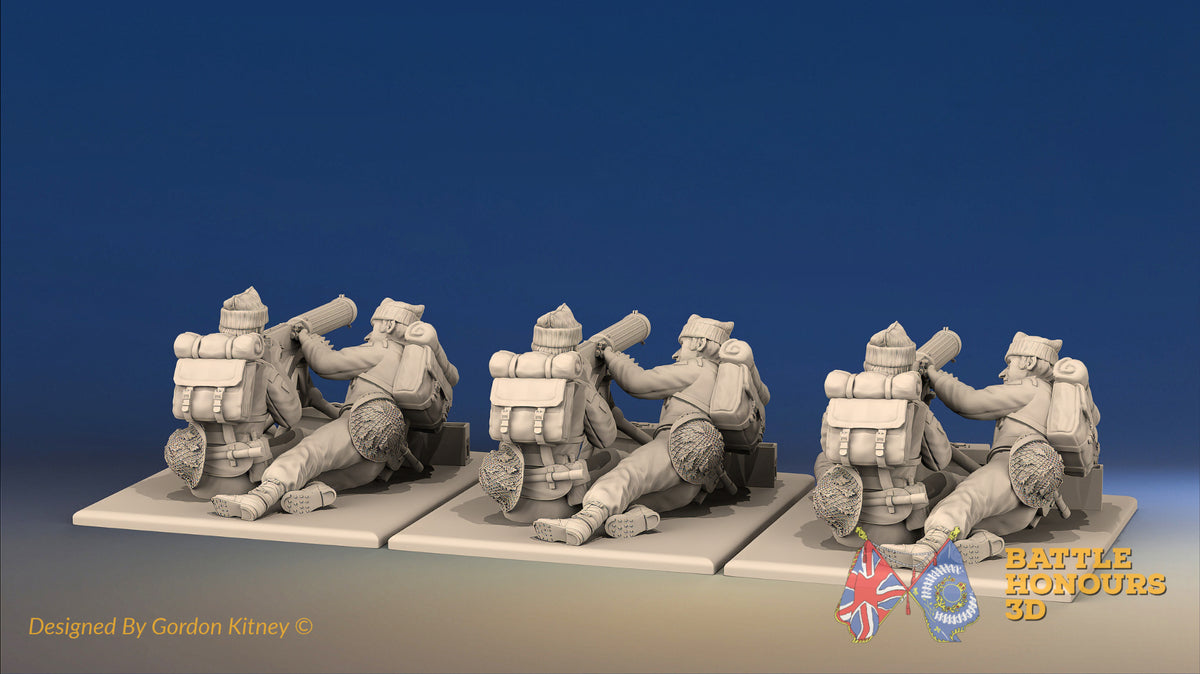 WW2 British Commando Vickers machine gun teams in cap comforters, rear view