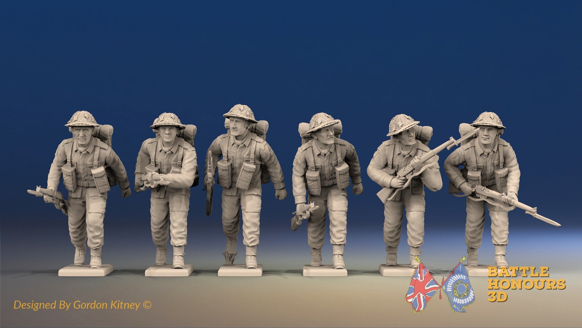 WW2 British Infantry Battle Dress Helmet Advancing miniature figures front view