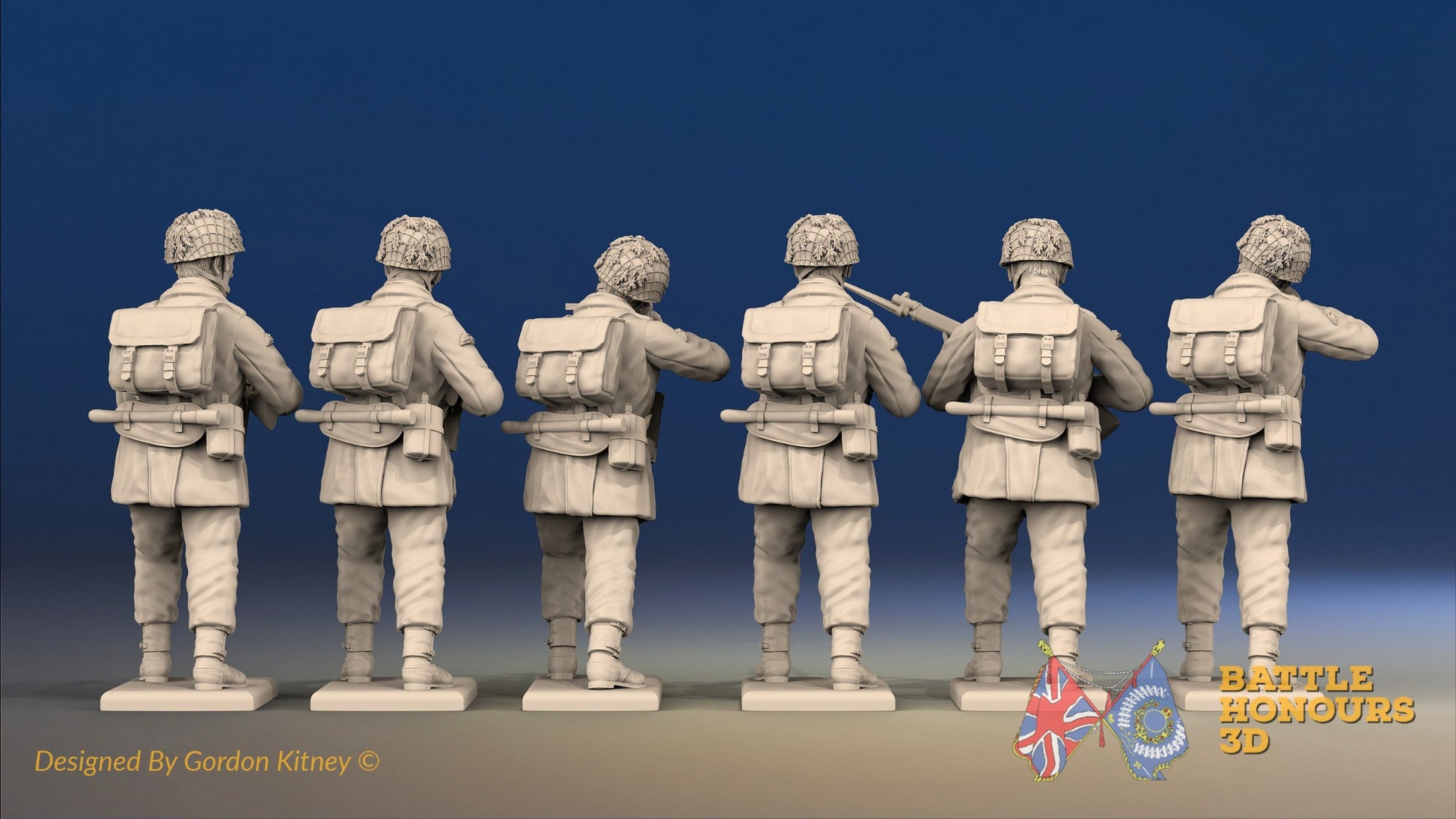 WW2 British Paratroopers Helmet Standing Firing miniature figures rear view