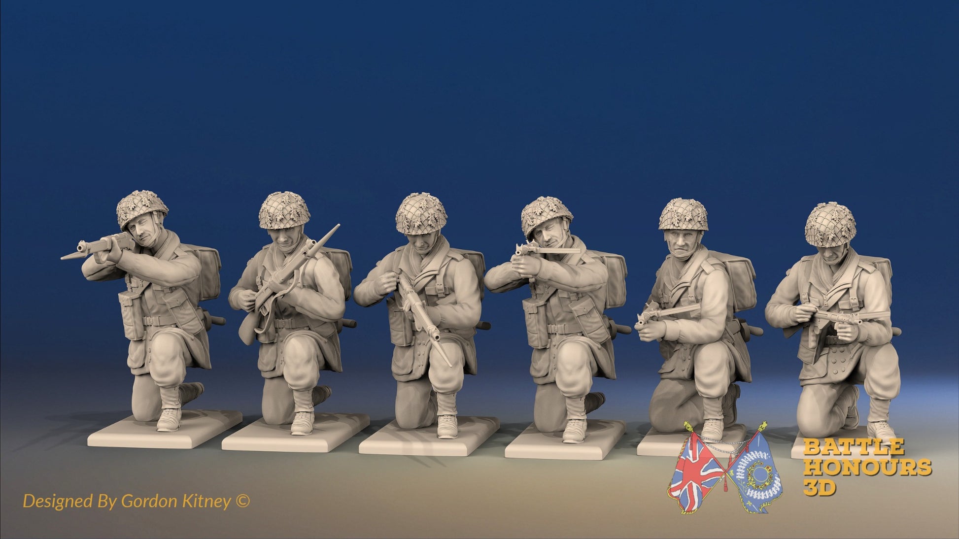 WW2 British Paratroopers Helmet Kneeling miniature figures front view
