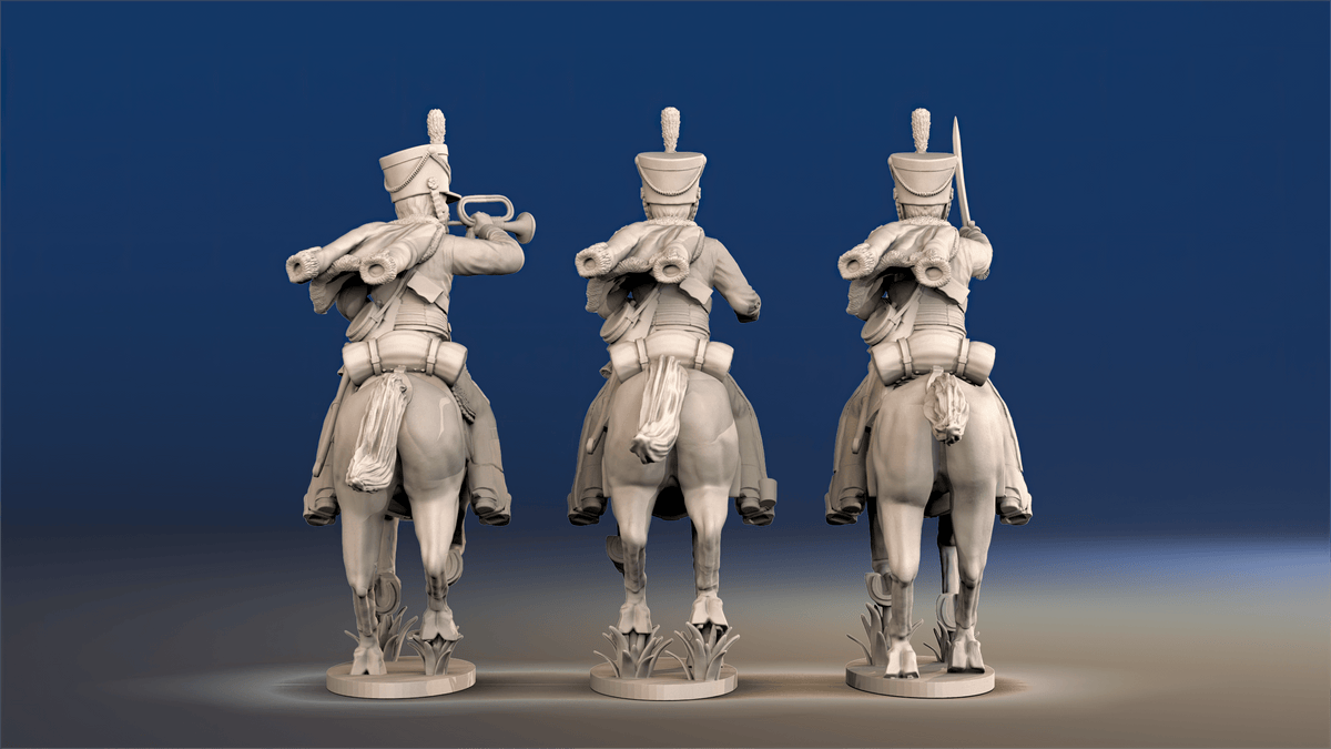 Napoleonic British Hussars Bell Shako galloping command rear view