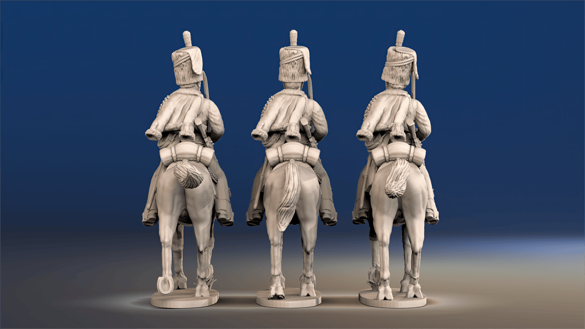 Napoleonic British Hussars Busby trotting rear view