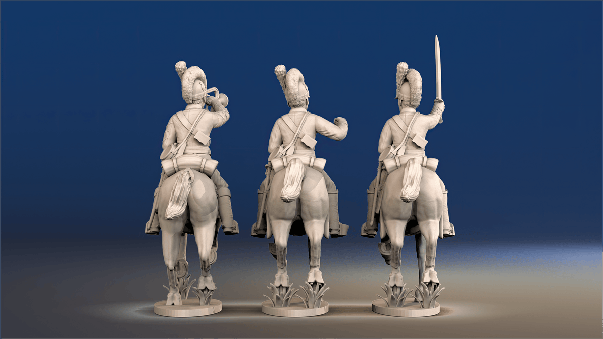 Napoleonic British Light Dragoons Tarleton galloping command rear view