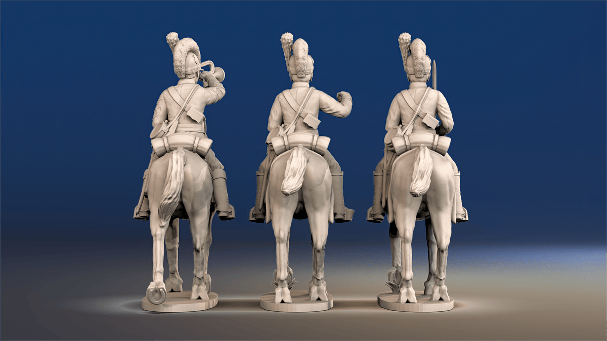 Napoleonic British Light Dragoons Tarleton trotting command rear view