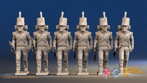 British light infantry advancing at treble time in stovepipe shakos