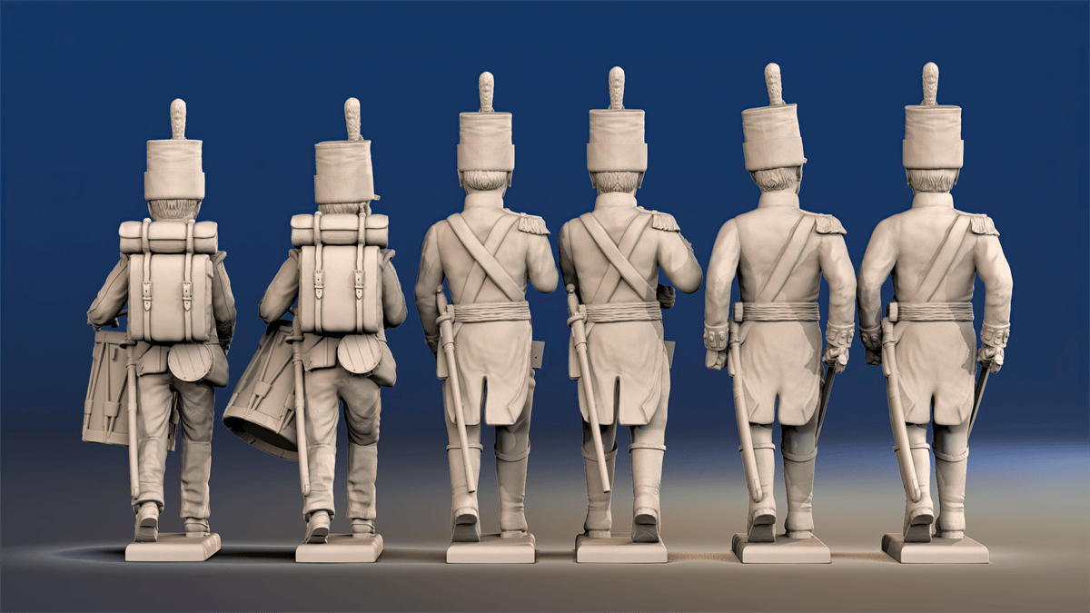 Napoleonic British Infantry Command march attack in shako rear view