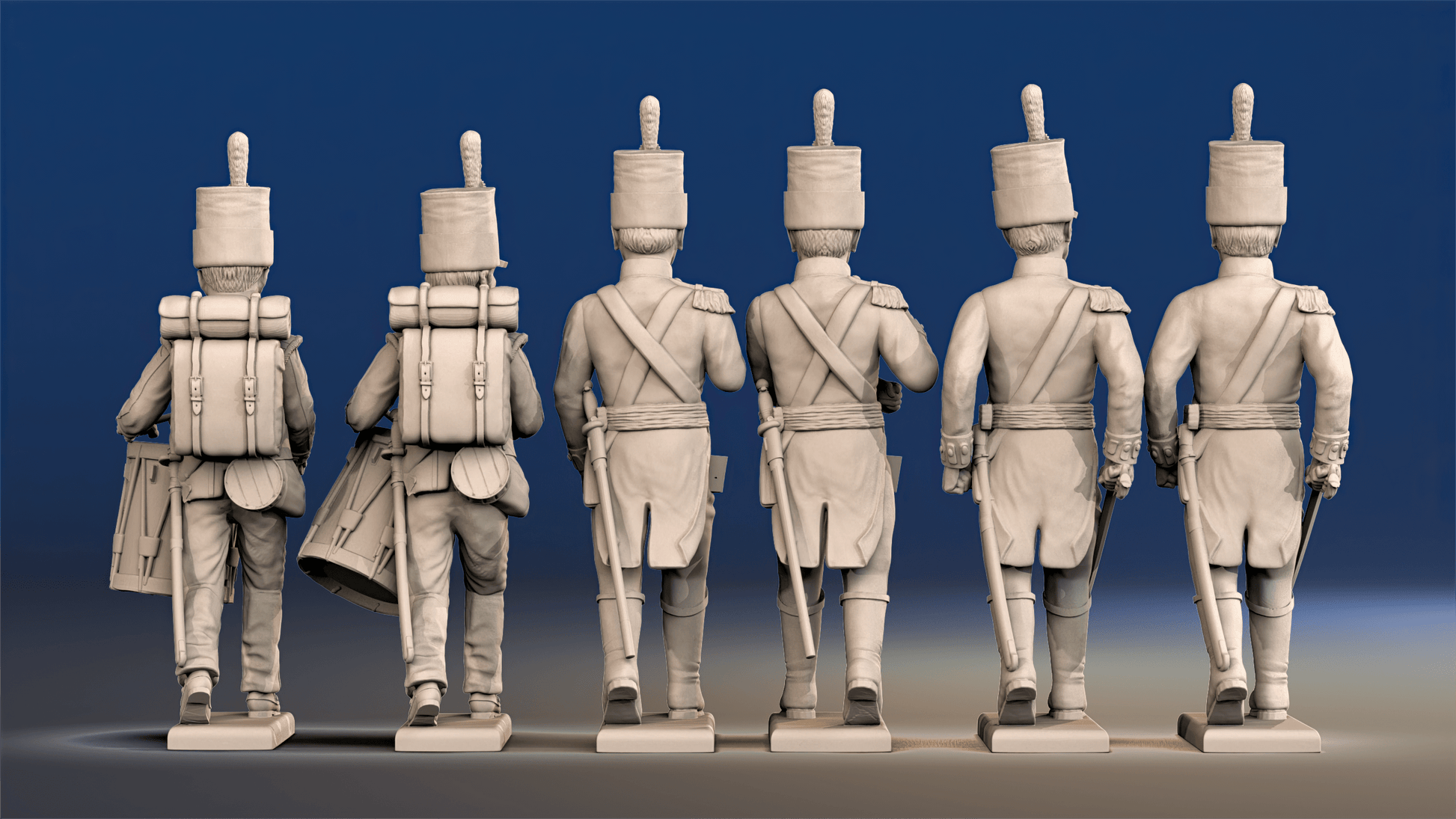 Napoleonic British Infantry Command march attack in shako rear view