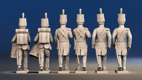 Napoleonic British Infantry Command march attack in shako rear view