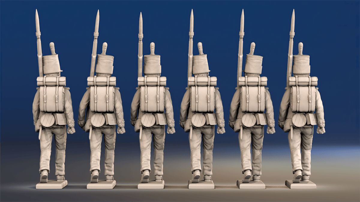 Napoleonic British Regular Infantry march attack in stovepipe shako rear view