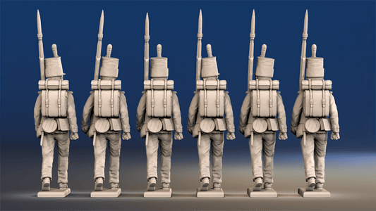 Napoleonic British Regular Infantry march attack in stovepipe shako rear view