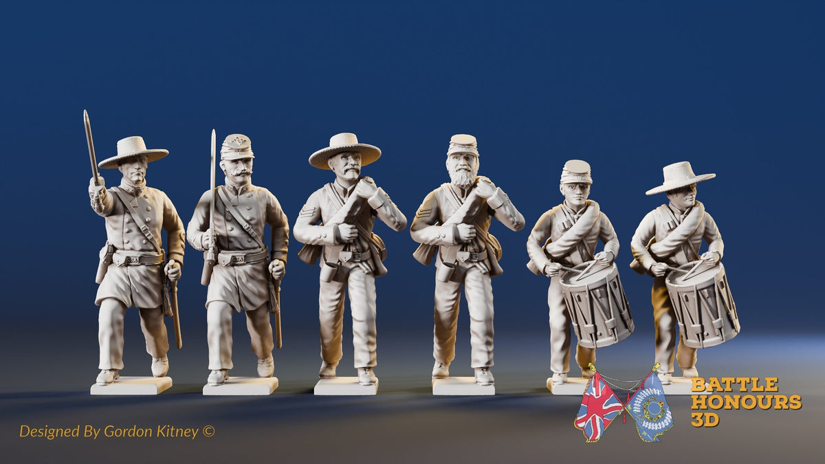 CSA right shoulder shift marching infantry command in mixed forage caps for ACW wargaming
