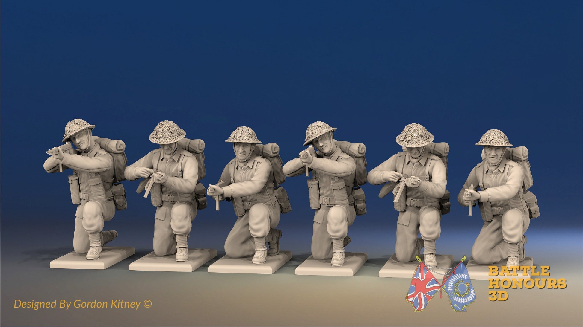 WW2 Canadian Battledress Kneeling miniature figures front view