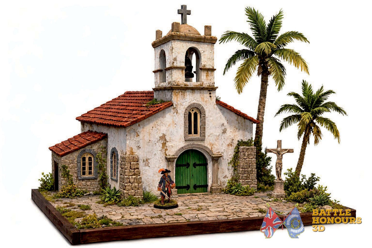Colonial Caribbean church terrain model graphic