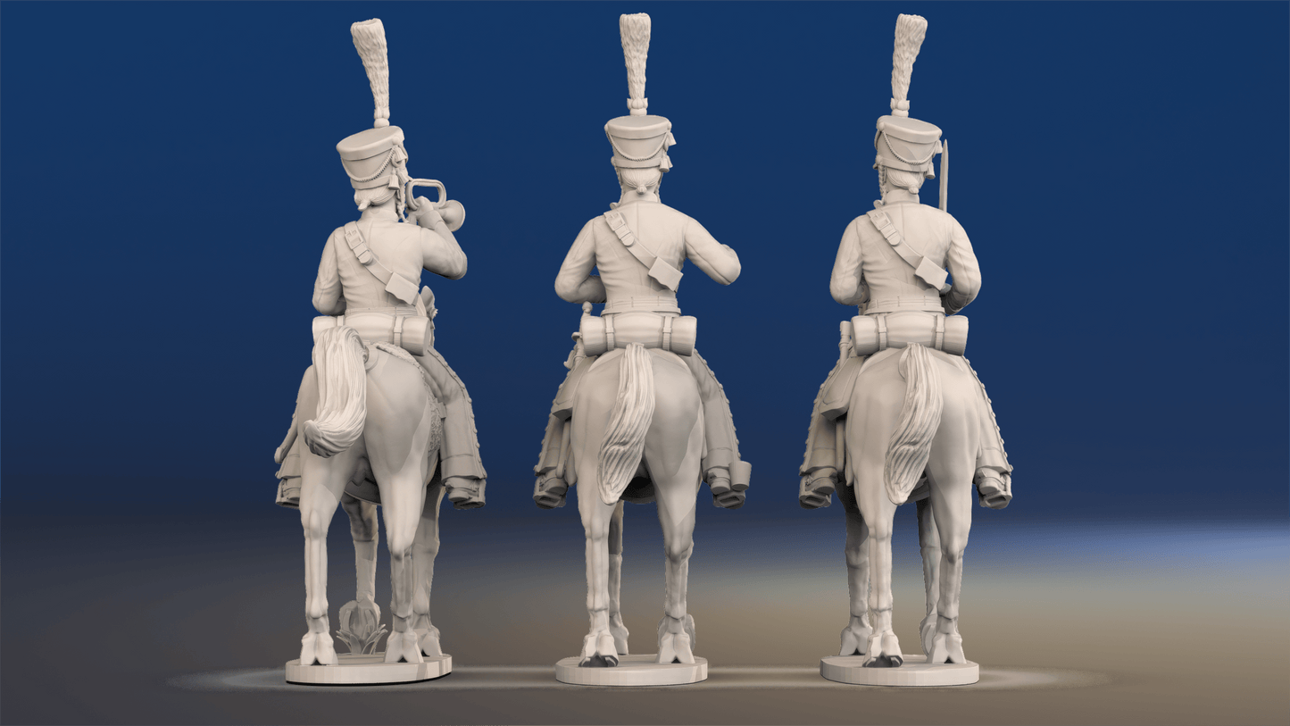 Napoleonic French Hussar Command - Campaign Dress, Shako, Trotting