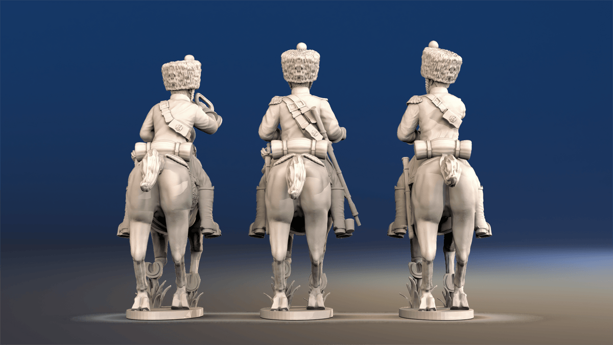 Napoleonic French Chasseurs à Cheval command campaign dress galloping rear view